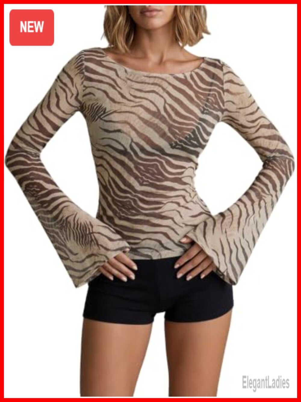 Women's Y2K Zebra Print Mesh Long Sleeve Slim Fit T-Shirt